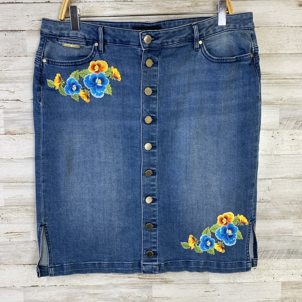 Ivanka Trump Skirt Women 14 Blue Denim Button Up Colorful Floral Patches Stretch